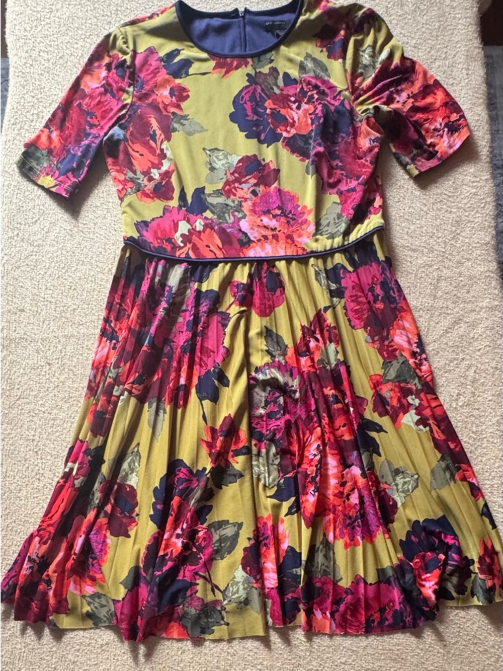 Maggy London Olive Green Midi Dress with Fuchsia and Navy Floral Print